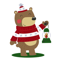 Illustration of a brown bear with woolen hat and woolen sweater and an oil  lamp in his hand, print design