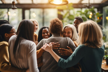 group of friends or family members sharing a collective hug, symbolizing unity and togetherness. Ensure there's space for well-wishes or event details. Photo with copy space - obrazy, fototapety, plakaty