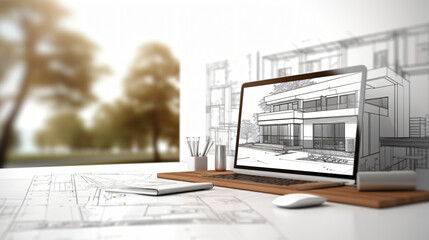 Architect house project concept desktop computer