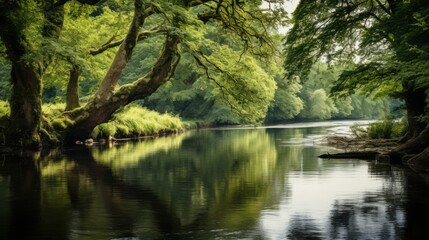 A tranquil riverbank with reflections of lush trees