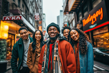 Group of multiethnic young people walking in the city - obrazy, fototapety, plakaty