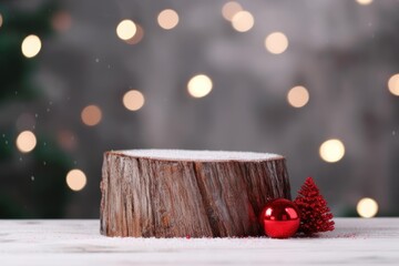 Christmas decoration background on the wooden stump with reindeer trees and snowflakes. AI generated