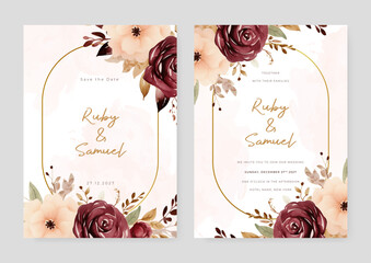 Beige and red poppy and rose rustic vector elegant watercolor wedding invitation floral design