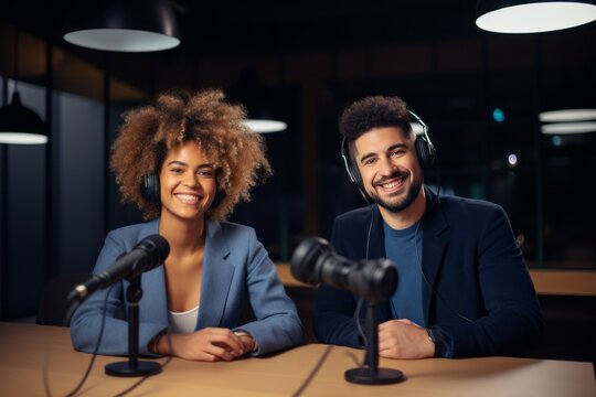 Beautiful multiethnic blogger couple hosting a podcast in a studio. Smiling woman and man wearing headphones sitting at a table with microphones and chatting cheerfully. Modern media technologies.