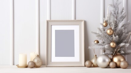 Christmas holidays Silver mockup with Empty frame and decoration. AI Generative