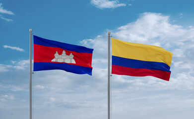 Colombia and Cambodia flags, country relationship concept