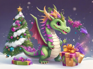 Purple nice cute dragon with gift boxes, flowers and new year tree on snow. New Year 2024 