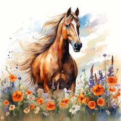 Beautiful horse in a field of flowers aquarelle style