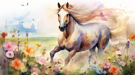 Obraz na płótnie Canvas Beautiful horse in a field of flowers aquarelle style