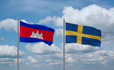 Sweden and Cambodia flags, country relationship concept