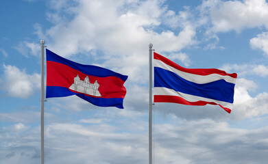 Thailand and Cambodia flags, country relationship concept