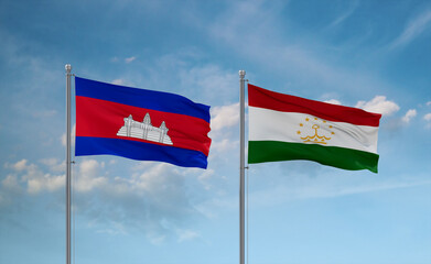 Tajikistan and Cambodia flags, country relationship concept
