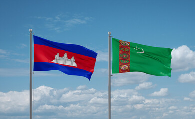 Turkmenistan and Cambodia flags, country relationship concept