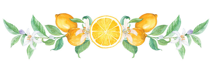 Horizontal composition of lemons. Watercolor ornament in retro style. Decorative design suitable for labels with Italian limoncello, weddings in Provence style and greeting cards. - obrazy, fototapety, plakaty