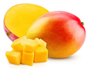 Mango fruit with cubes. Fresh organic Mango isolated on white background. Mango with clipping path.