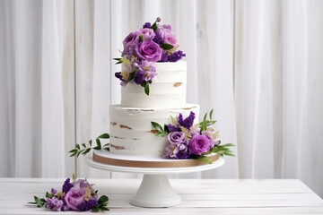 Fototapeta na wymiar Elegant Three-Tiered White Wedding Cake with Flowers and Green Leaves on a White Wooden Background - Created with Generative AI Tools