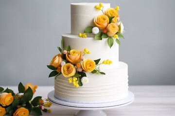 Elegant Three-Tiered White Wedding Cake with Flowers and Green Leaves on a White Wooden Background - Created with Generative AI Tools
