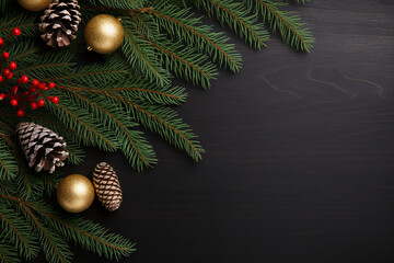Fototapeta na wymiar Festive Christmas Background with Fir Tree and Decor - Created with Generative AI Tools