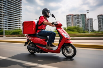 Man courier using a on a red moped with a cube-shaped delivery bag moving fast on motorway road in city urban to find the delivery address