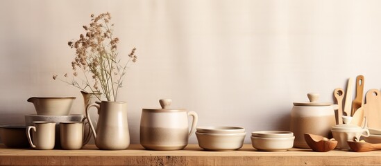Sustainable stoneware and kitchenware displayed on wooden table - obrazy, fototapety, plakaty