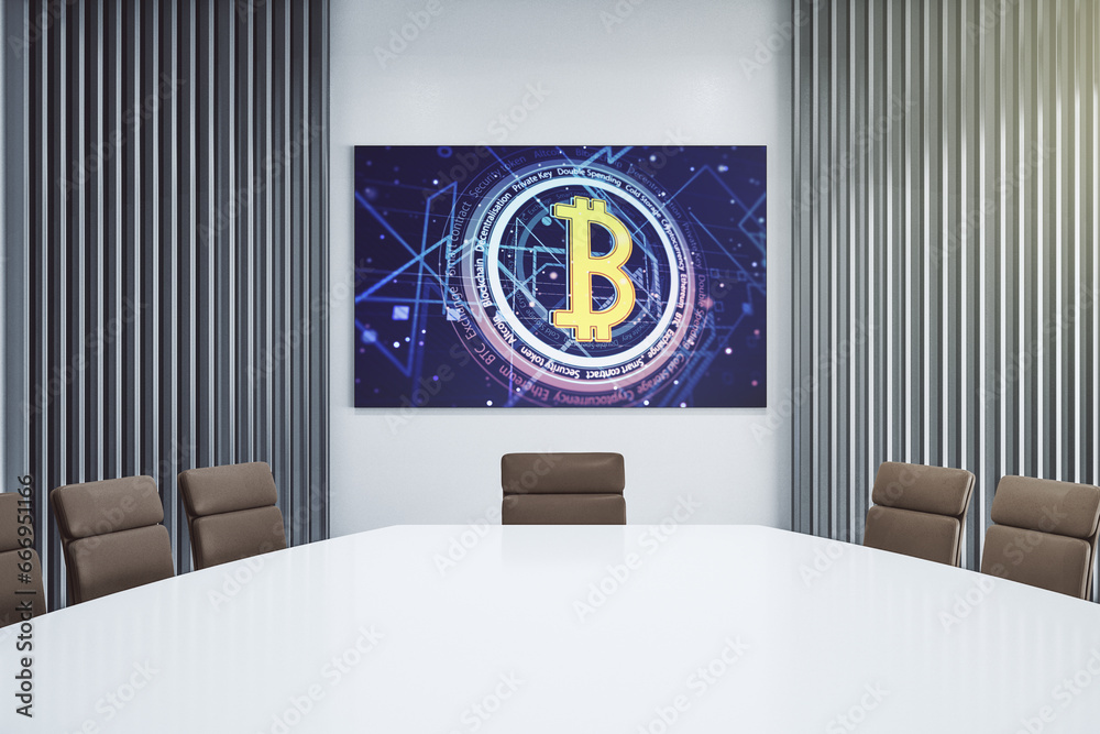 Poster Creative Bitcoin symbol hologram on presentation monitor in a modern boardroom. Mining and blockchain concept. 3D Rendering