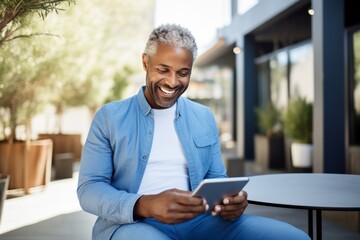 Cheerful African American man in casual clothes with tablet and cup of coffee sitting in cafe. Smiling mature man, successful entrepreneur or employee working online. Remote work concept.