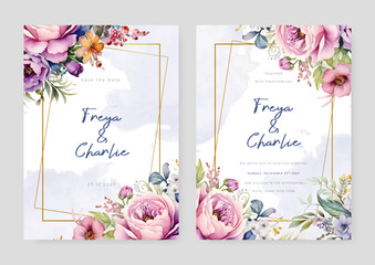Pink and purple violet poppy artistic wedding invitation card template set with flower decorations