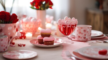 A Valentine's Day table setting with heart-shaped treats