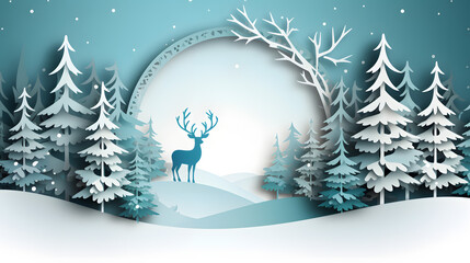 paper winter forest with deer shadow