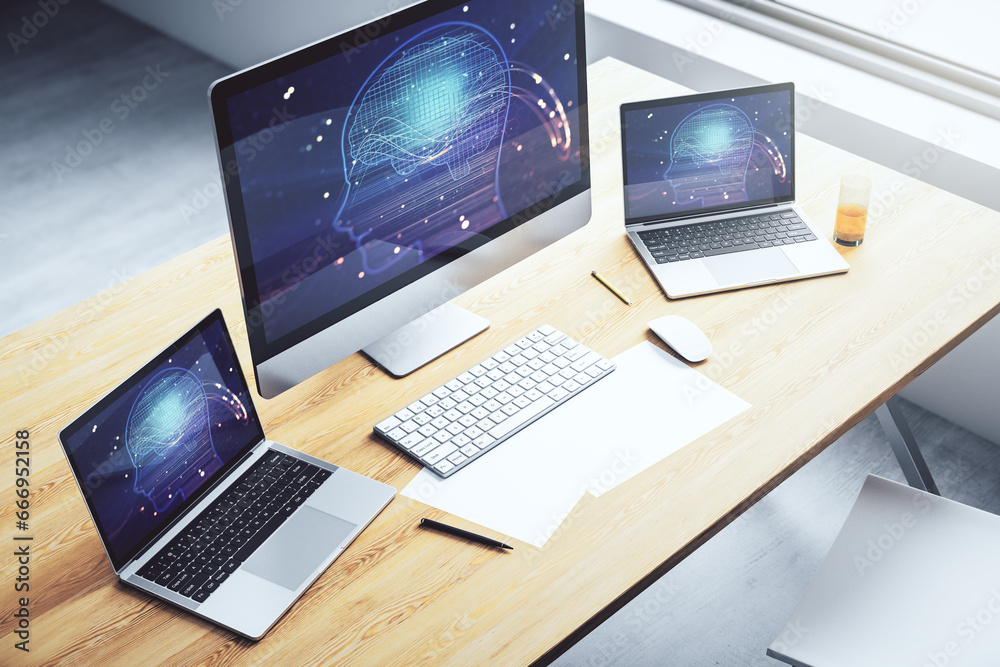 Poster modern computer monitor with creative artificial intelligence symbol. neural networks and machine le