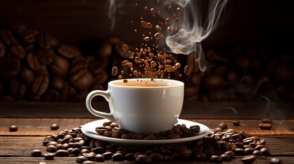 A steaming cup of coffee with beans in flight