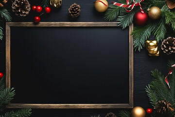 Festive Christmas or New Year Light Background: Xmas Black Board Framed with Season Decorations - Created with Generative AI Tools