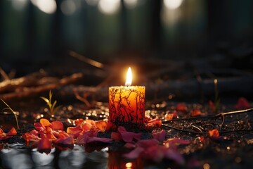 A Christmas-themed background image featuring the warm glow of a candlelight in a forest setting with a blurred background, creating a magical holiday ambiance. Photorealistic illustration