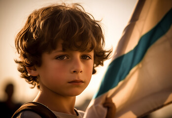 Niño de Israel sosteniendo una bandera en contra de la guerra - obrazy, fototapety, plakaty