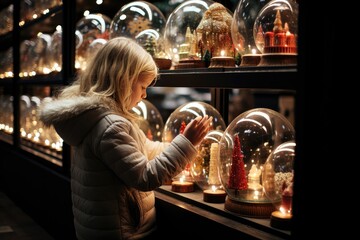 On a magical Christmas night, a little girl stands in awe as she gazes at the enchanting snow globes on store shelves, each one holding a miniature world of holiday charm. Photorealistic illustration - obrazy, fototapety, plakaty