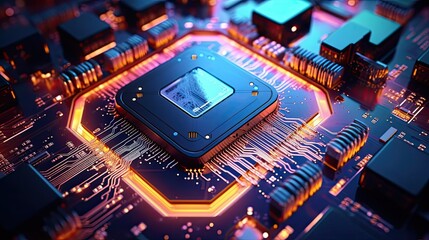 A close up of a computer motherboard (super GPU) with neon colors.