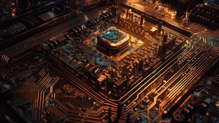 A close up of a computer motherboard (super GPU) with neon colors.