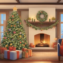 a decorated christmas tree in a living room,luxurious wooden cottage, full scene shot, colorful trees