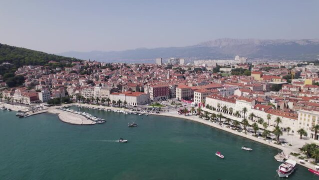Matejuška marina and scenic Split Riva promenade, Adriatic coastline. Aerial