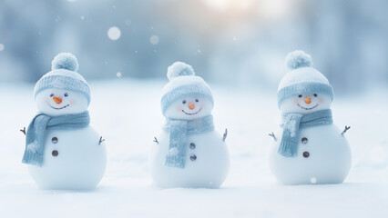Obraz premium Tree Tiny Snowman Cute White Winter Snow Cold Landscape Christmas Background, Generative AI