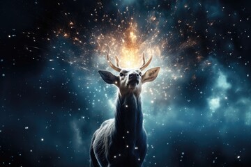 Obraz na płótnie Canvas In this Christmas-themed background, a majestic reindeer stands beneath a shimmering display of magical lights, creating an enchanting scene for creative content. Photorealistic illustration