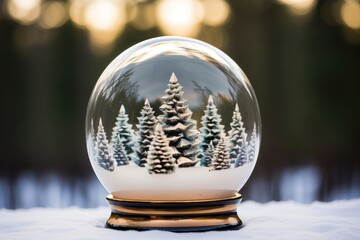 Fototapeta na wymiar A background image with a Christmas theme, showcasing a snow globe containing a snow-covered forest inside, with the same snowy forest blurred in the background. Photorealistic illustration