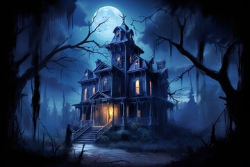 Fototapeta na wymiar Full moon shines over a creepy haunted house. Great for stories of horror, Halloween, October, spooky, witchcraft and more. 
