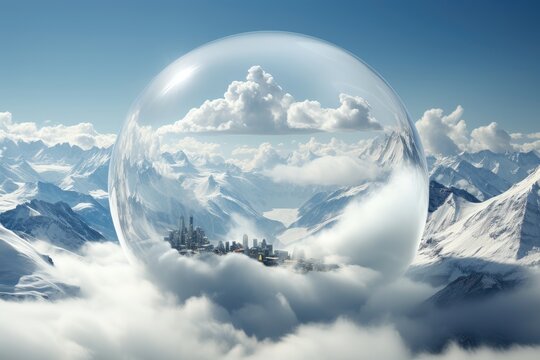 An abstract background image with a Christmas theme, featuring an imaginative snow globe, inside of which is an actual city, all resting atop a snowy mountain. Photorealistic illustration