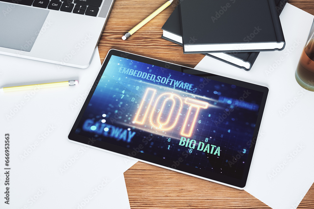 Poster creative iot hologram on modern digital tablet screen, internet of things concept. top view. 3d rend