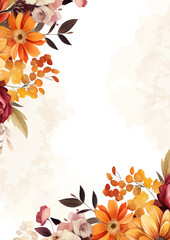 Orange white and beige elegant watercolor background with flora and flower