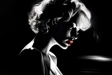 Portrait of a beautiful fashionable woman with a hairstyle. Night. Black and white, abstract background. Illustration poster in the style of 1960