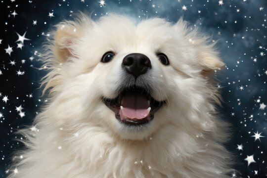 A delightful background image for creative Christmas content showcasing an excited puppy dog gazing at something magical in the starry night sky. Photorealistic illustration