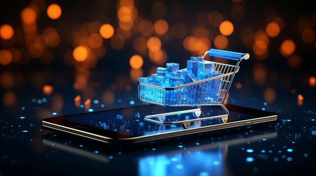 Futuristic online shopping, e-commerce concept with glowing smartphone, shopping cart, credit card