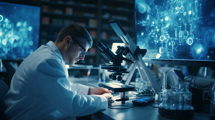 scientist in laboratory using microscope - obrazy, fototapety, plakaty